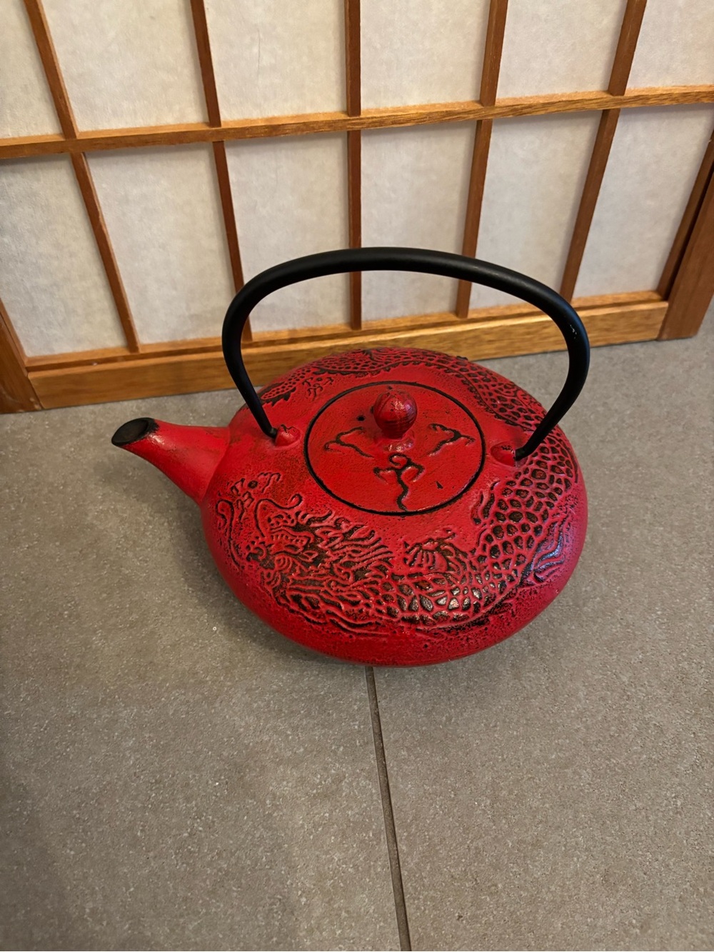 Vintage Japanese Cast Iron Teapot Set - Red Dragon Tetsubin & Trivet
